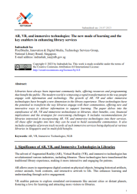 AR, VR, and Immersive Technologies:The New Made of Learning and The Key Enabless in Enhancing Library Services